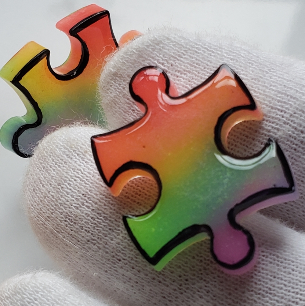 Handmade Rainbow Puzzle Pieces Stud Earrings - Reacts to UV Light - Picture 2 of 8